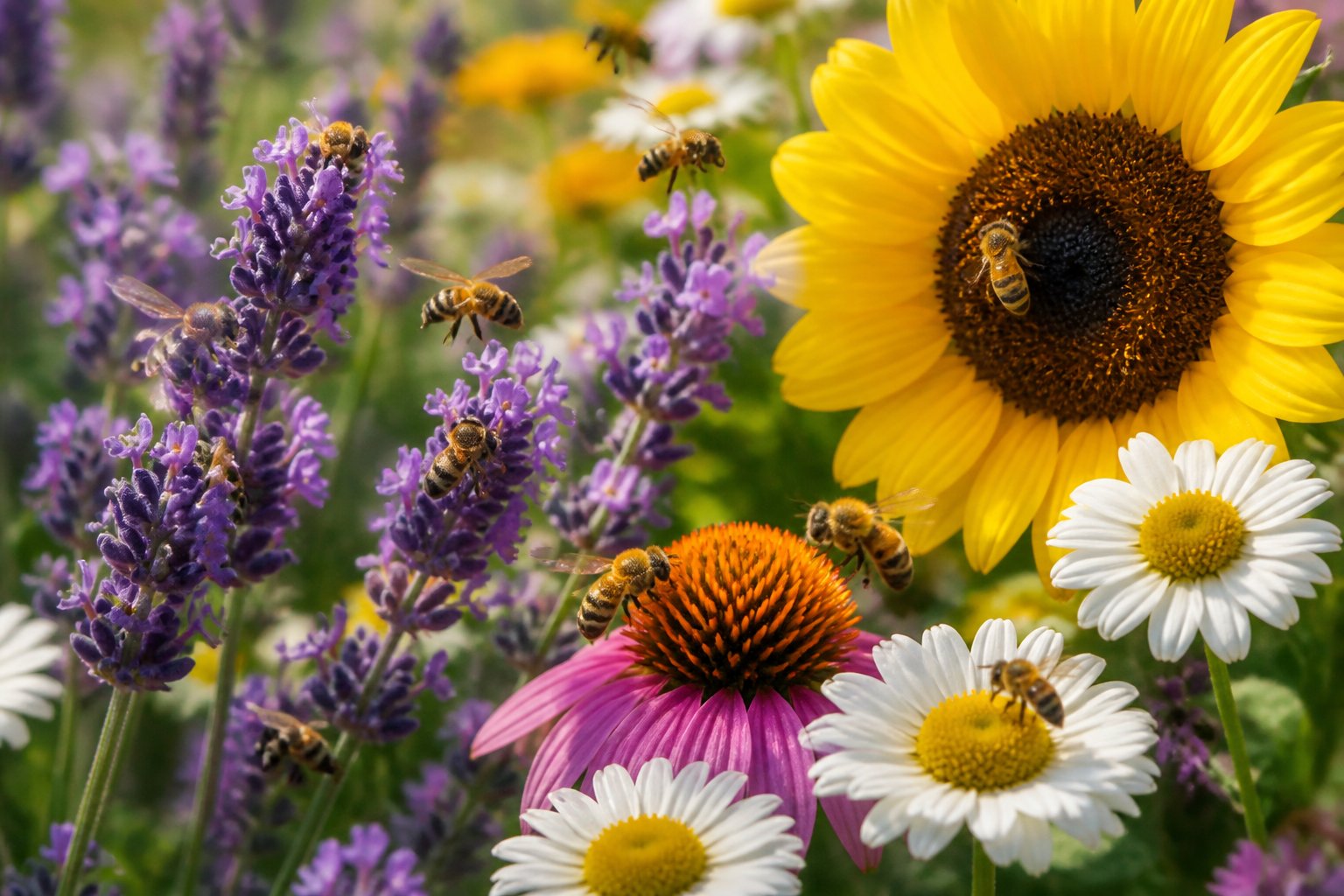 Close-up of bees pollinating colorful flowers in a garden.