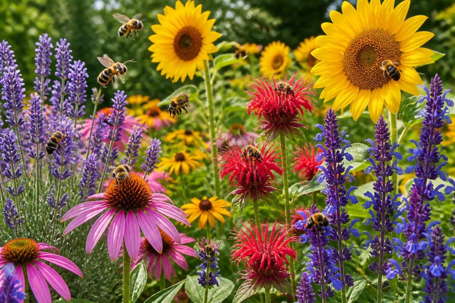 A garden filled with colorful blooming flowers and bees pollinating them.