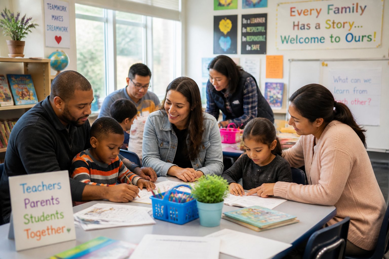 Families and educators working together in a bright classroom with children engaged in learning activities.