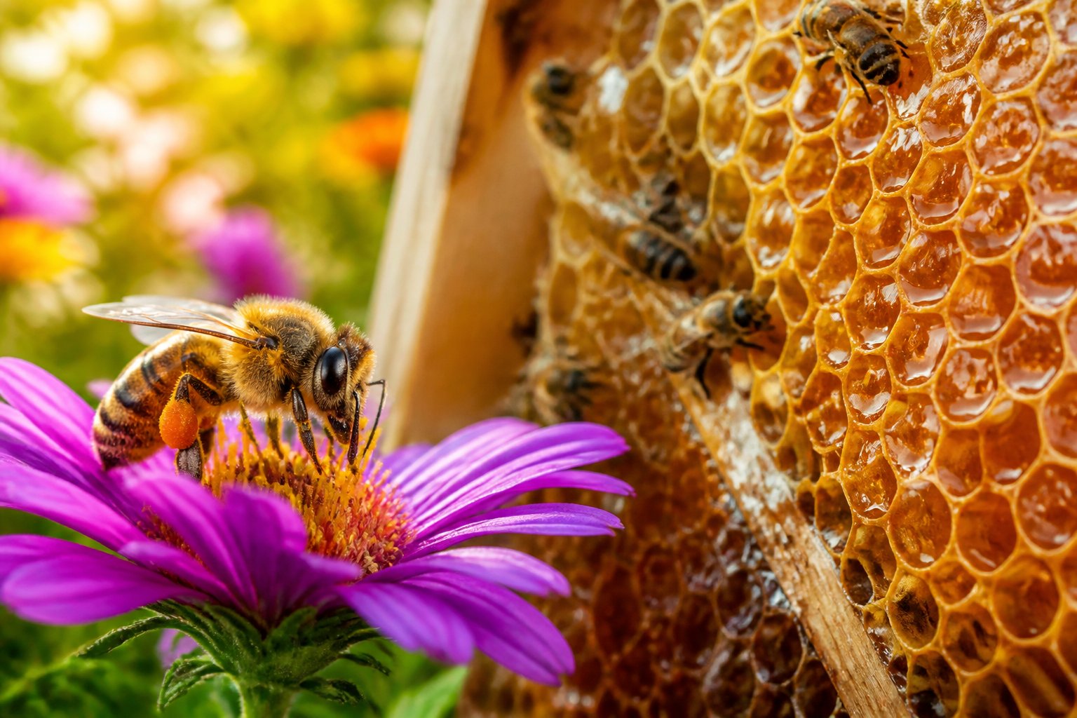 A close-up of a honeybee collecting nectar from a flower near a honeycomb filled with golden honey inside a beehive.