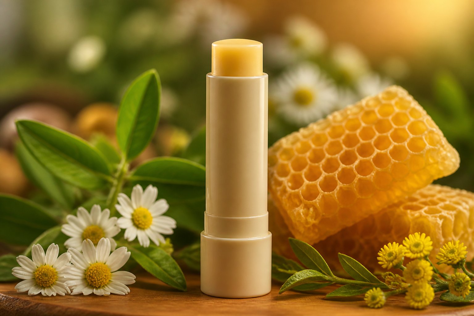 A beeswax lip balm stick on a wooden surface surrounded by honeycombs, wildflowers, and green leaves.