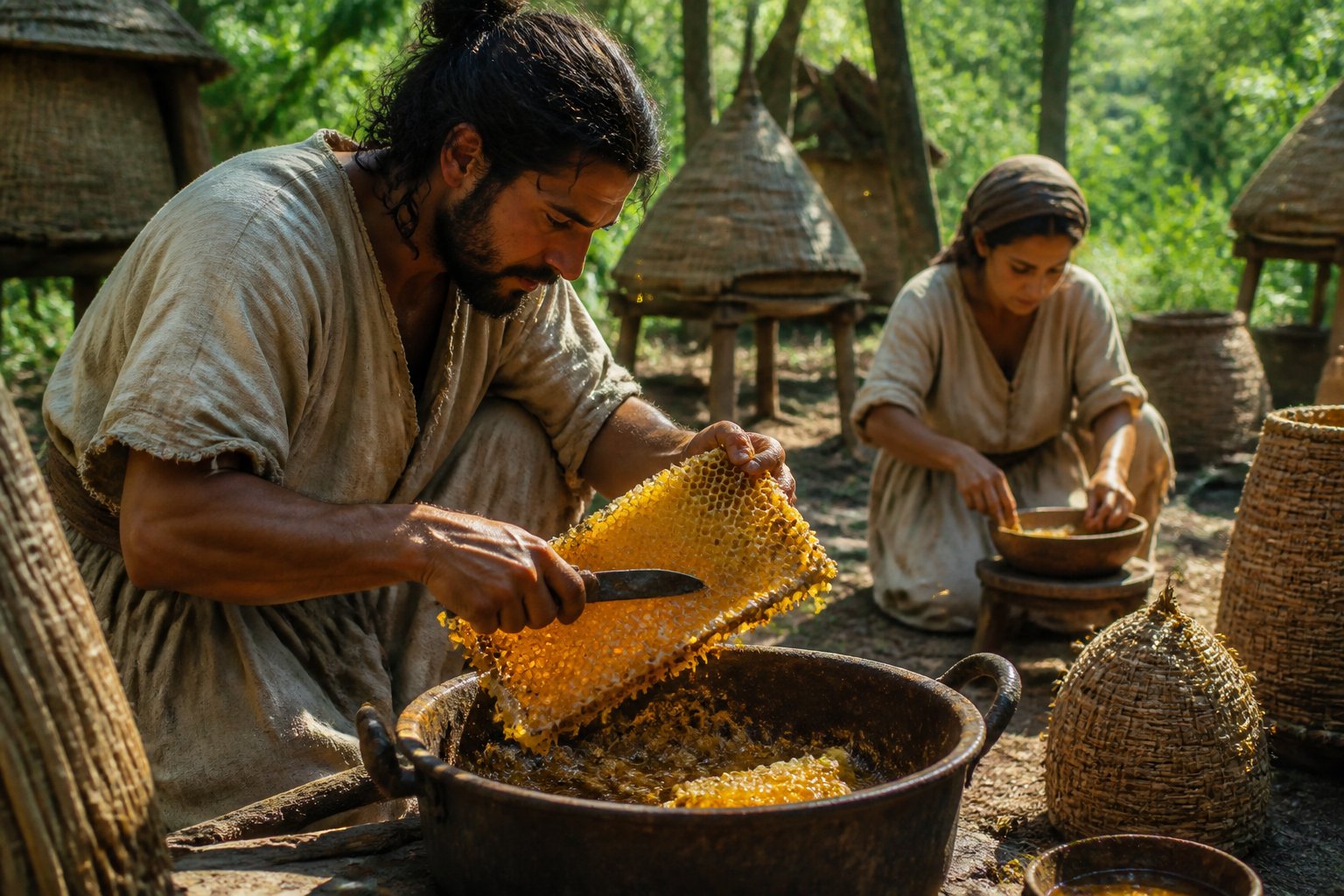 People in traditional clothing harvesting beeswax from natural honeycombs in a forest setting.