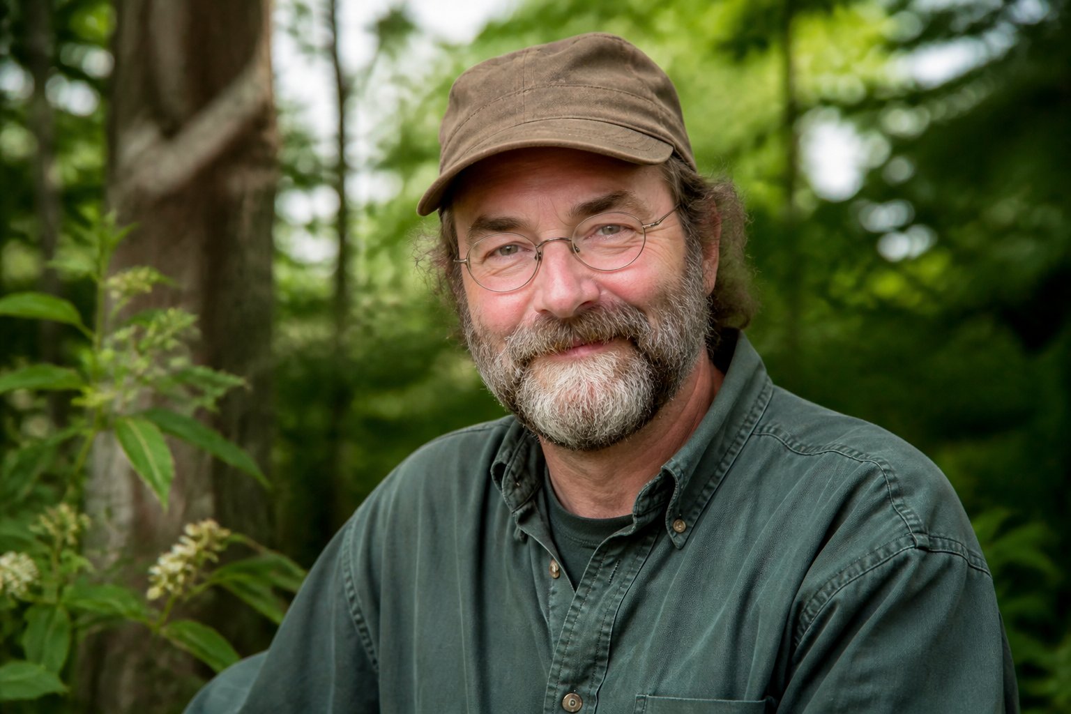 A middle-aged man with a beard and glasses standing outdoors surrounded by green trees and plants.