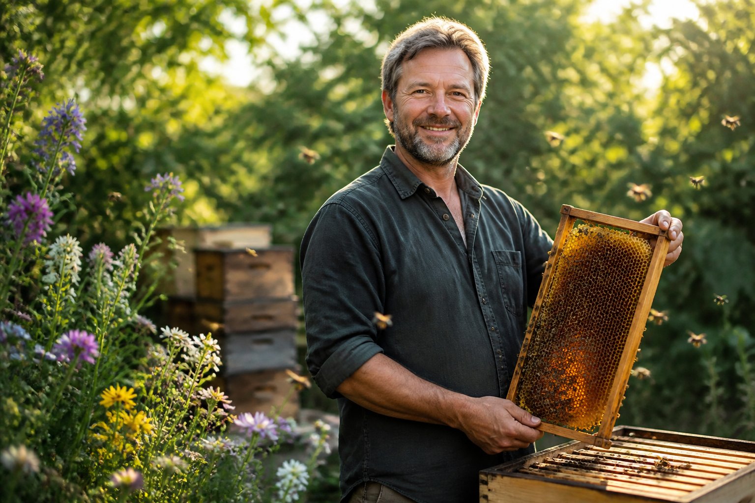 A middle-aged man standing in a garden holding a wooden beehive frame surrounded by flowers and bees.