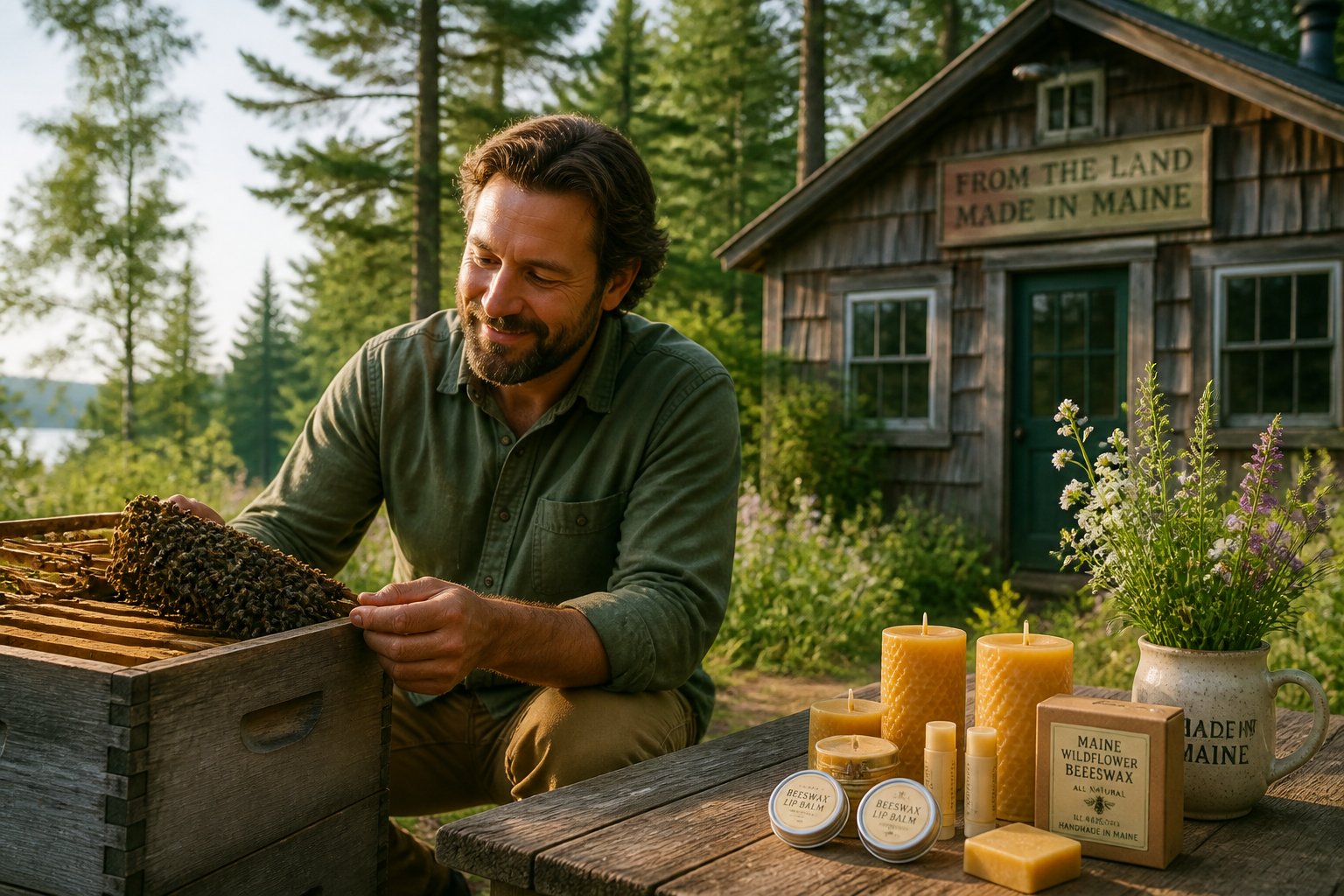 A man examining bees on a beehive near a wooden cabin in a forested area with natural beeswax products on a table.