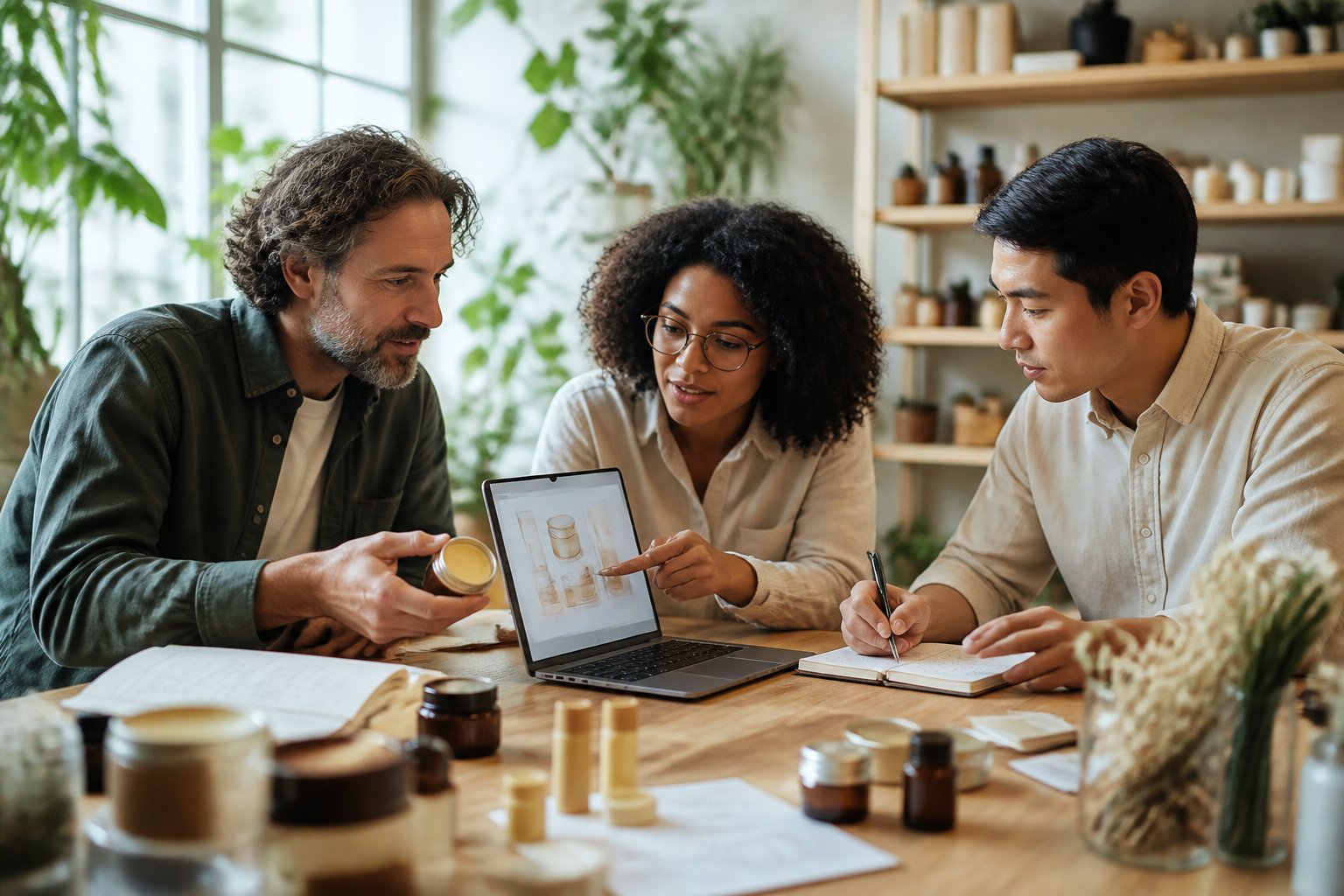 Three co-founders collaborating around a table with natural light, discussing products and taking notes in a modern office.