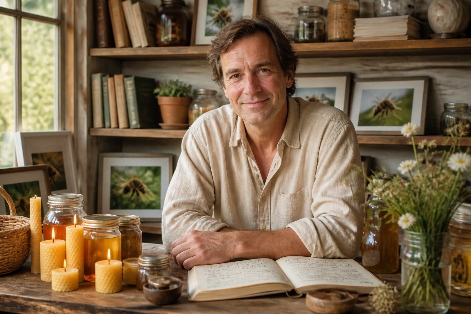 A middle-aged man sitting at a wooden desk surrounded by beeswax candles and honey jars in a warm, natural workspace.
