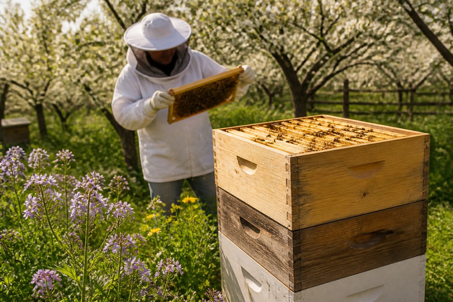 A beekeeper inspects a traditional Langstroth beehive surrounded by flowers and flying honeybees in a garden.
