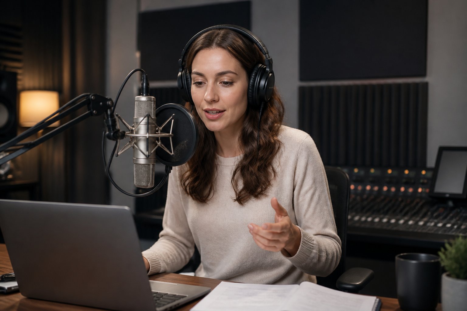 A young woman wearing headphones speaking into a microphone in a recording studio.