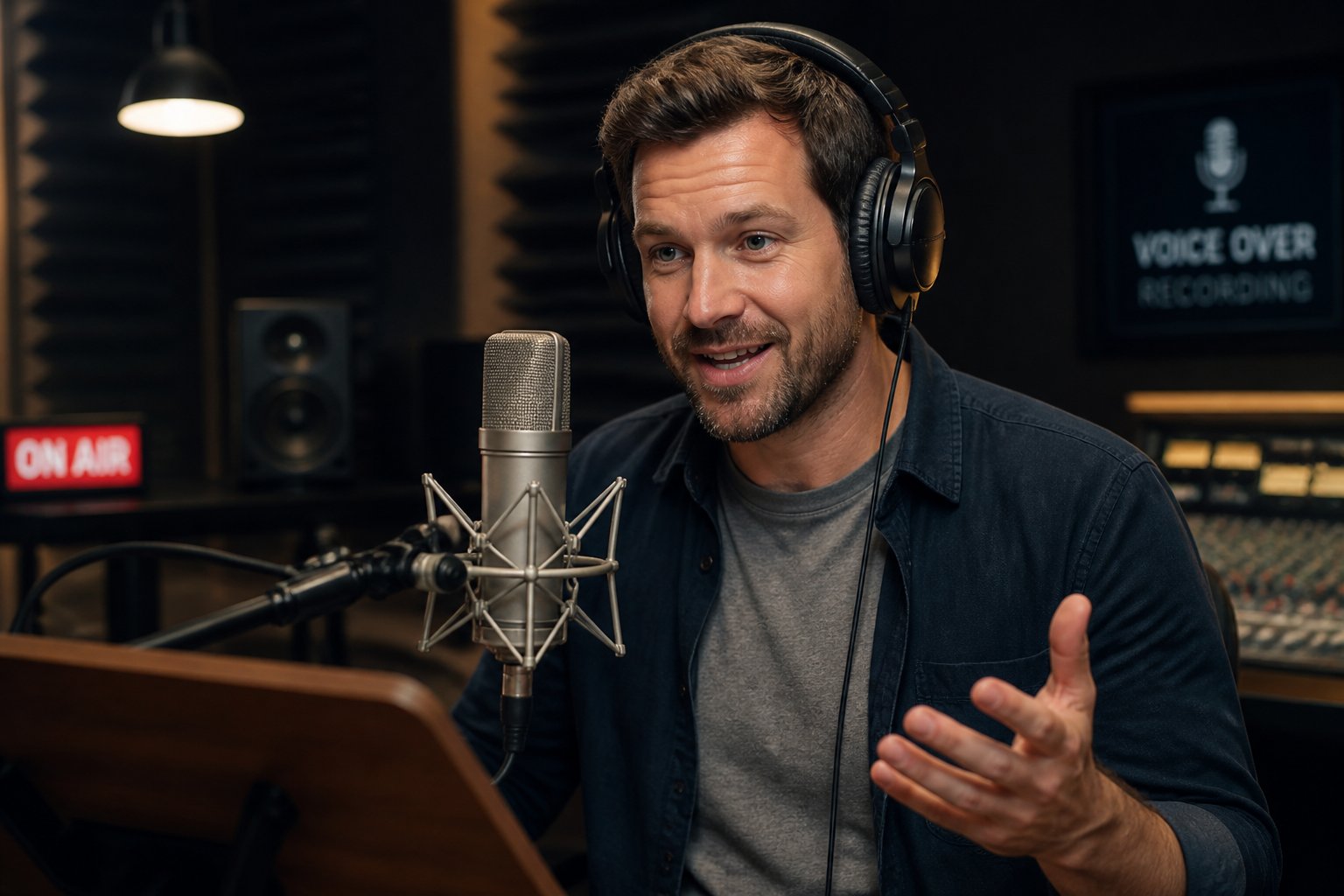A male actor wearing headphones speaking into a microphone in a recording studio.