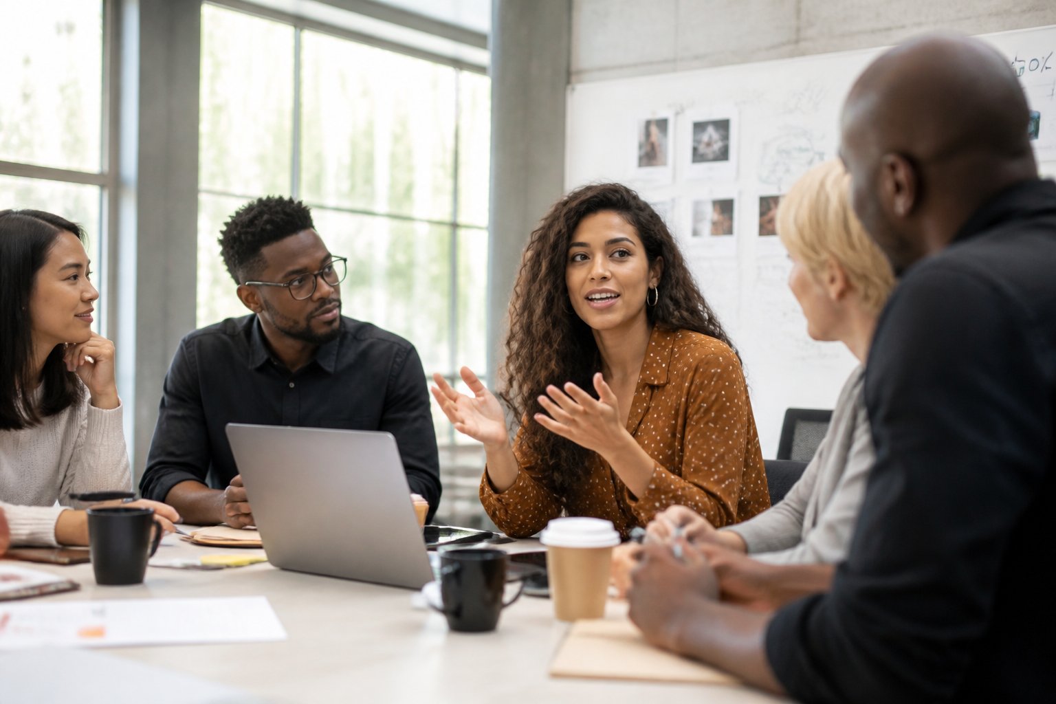 A group of people in a modern office having a discussion, with a woman speaking confidently at the table.