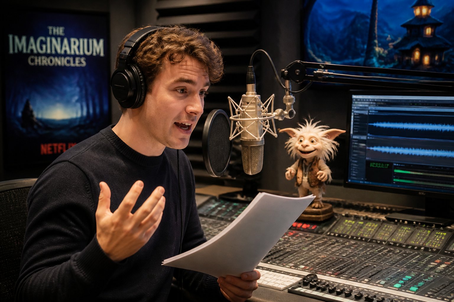 A voice actor wearing headphones speaking into a microphone in a recording studio with audio equipment and a small whimsical character figurine nearby.