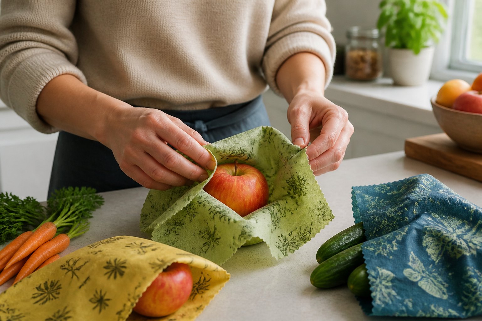 Hands wrapping fresh fruits and vegetables with beeswax wraps in a kitchen.