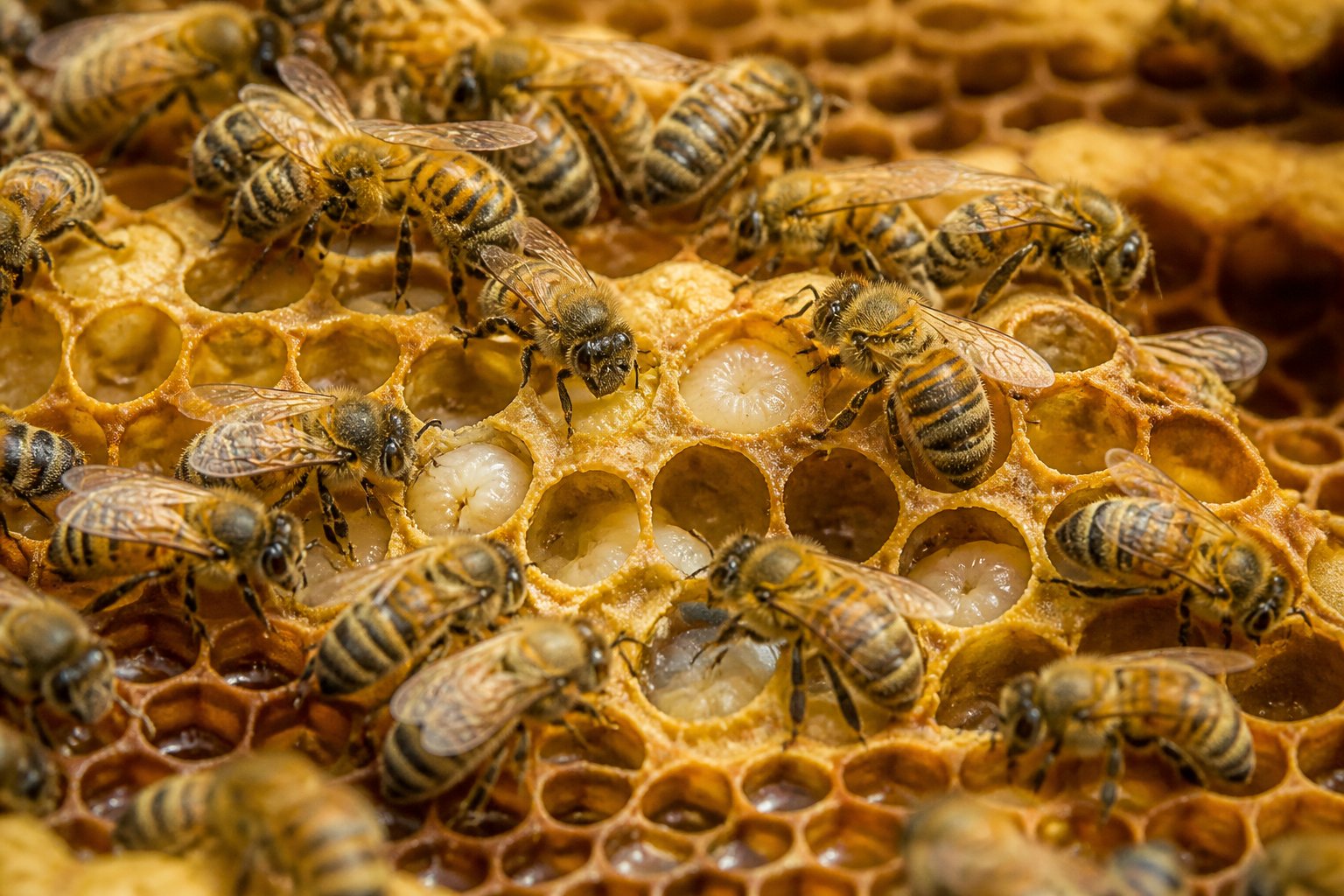Close-up view of honeybees working inside a hive on honeycomb structures.