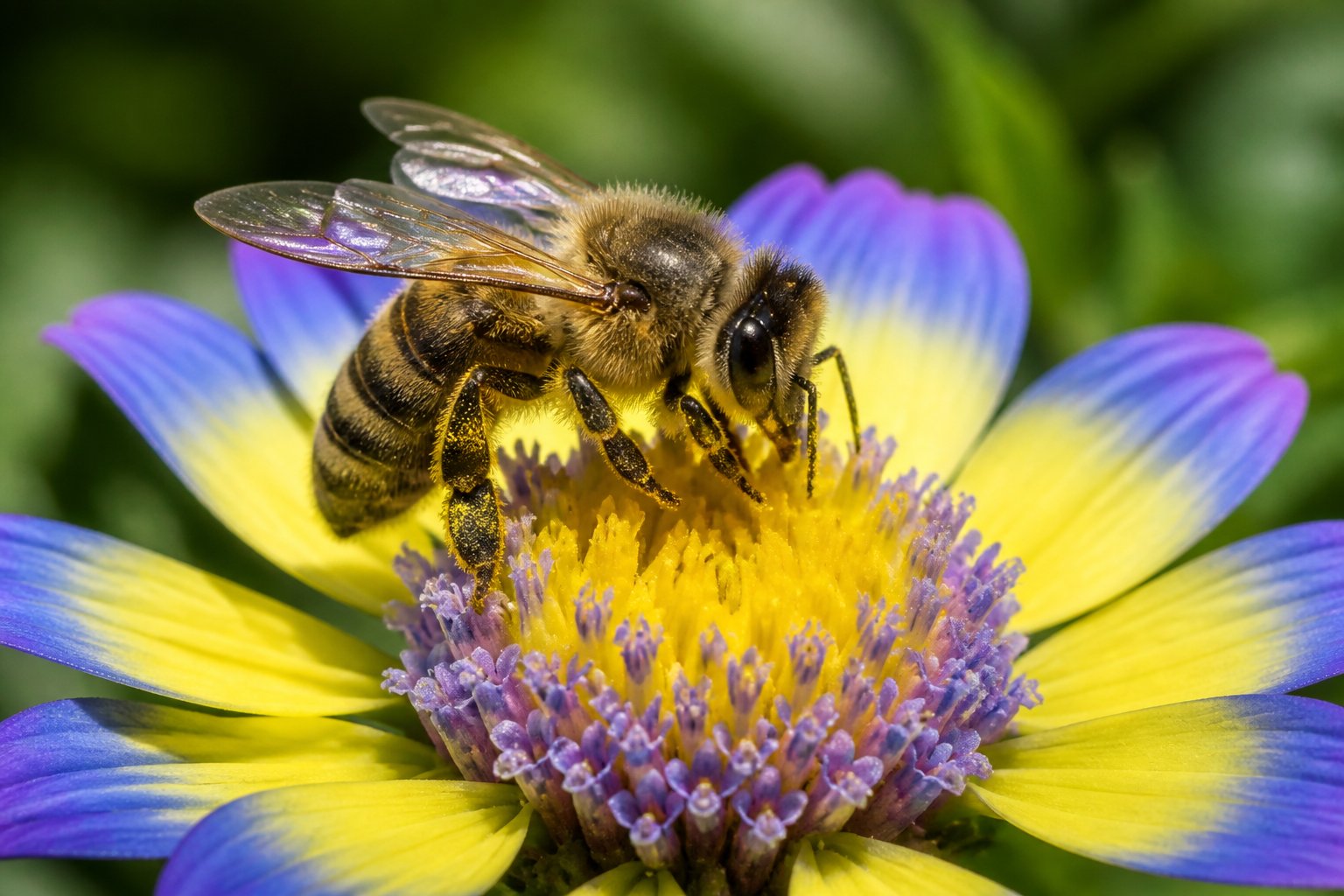 A honeybee sitting on a colorful flower with yellow and blue petals against a blurred green background.
