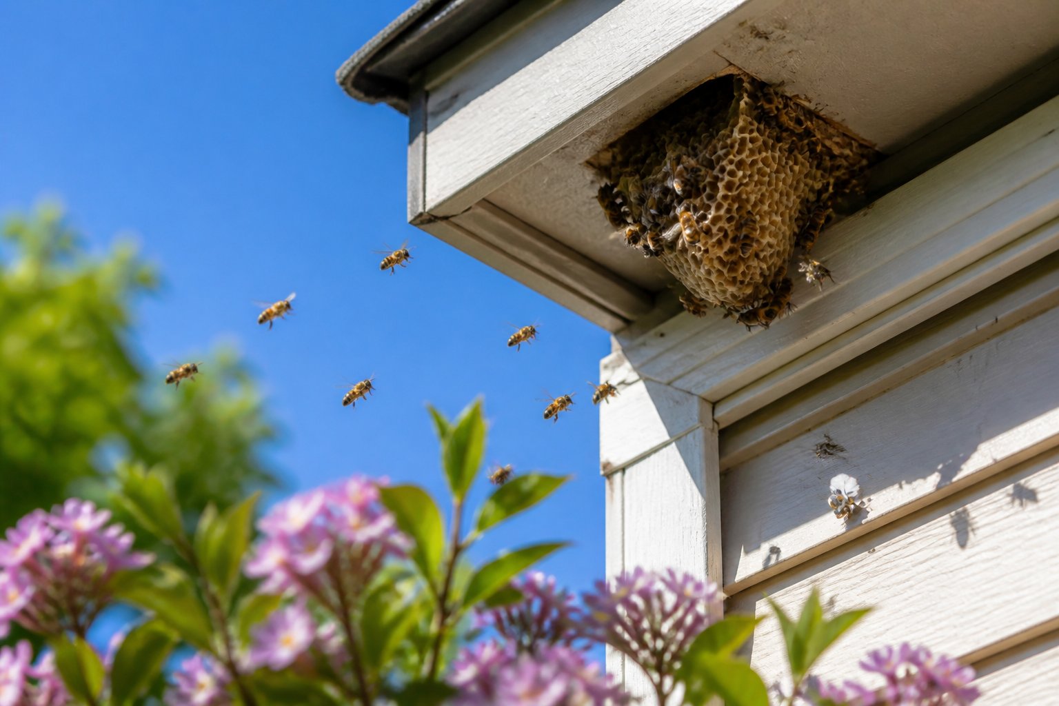 Close-up of bees flying around a small nest near the roofline of a house during the day.