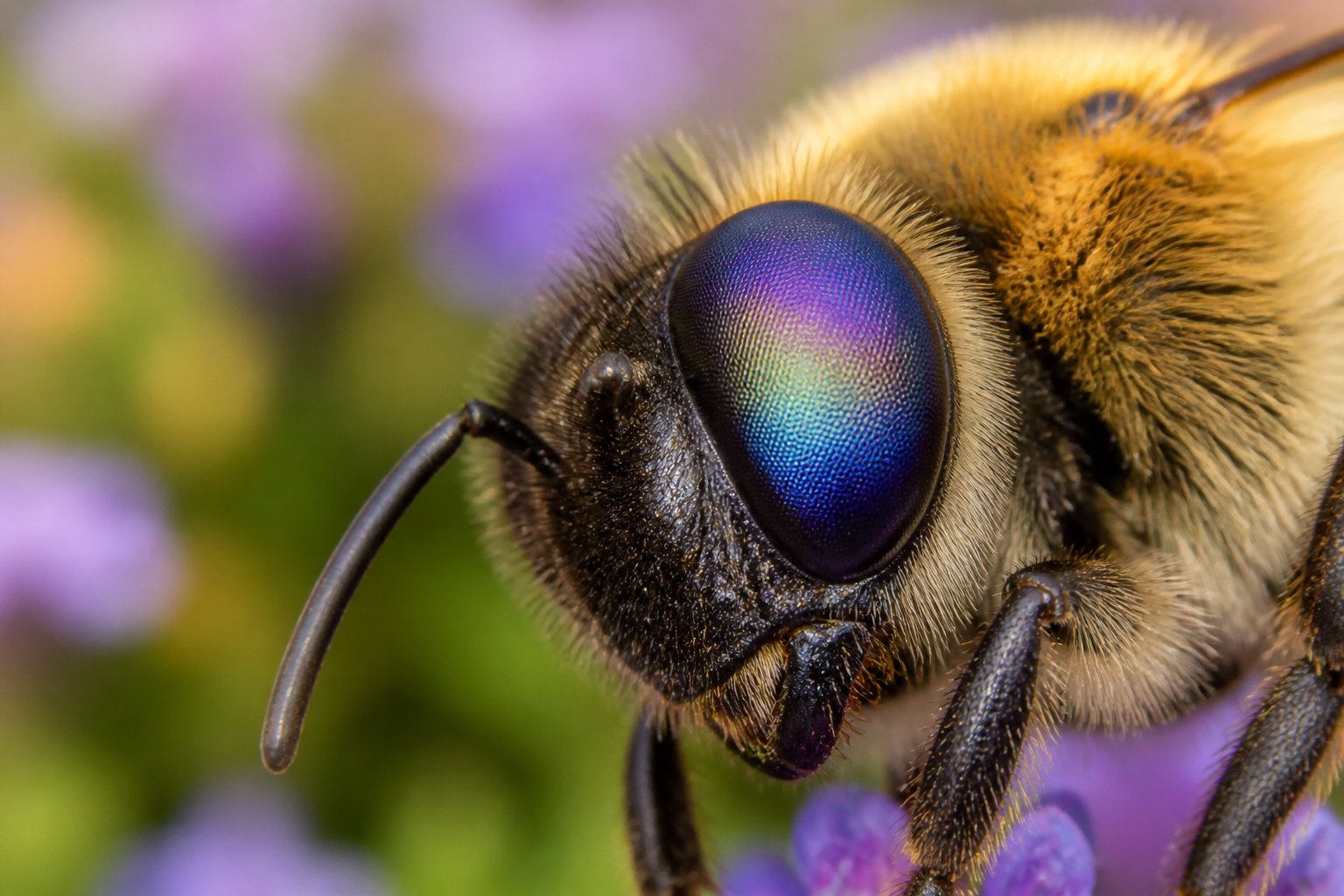Close-up of a honeybee's eyes with colorful light patterns representing ultraviolet, blue, and green wavelengths, against a blurred garden background.