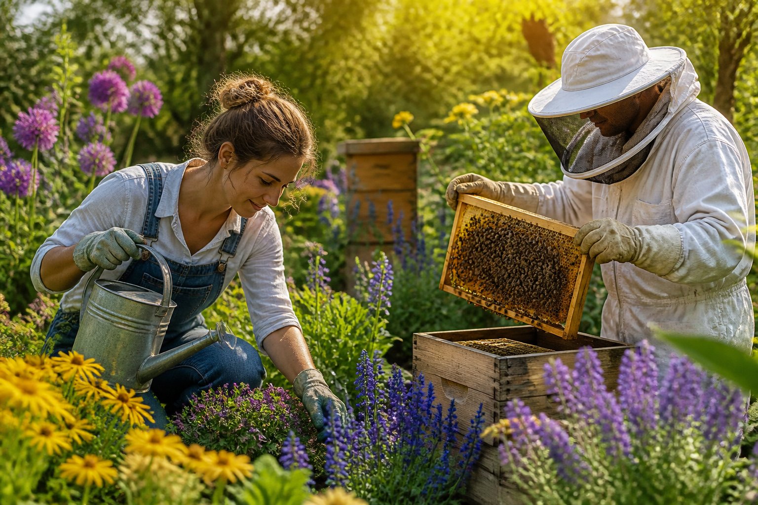 A gardener tending colorful flowers and a beekeeper inspecting a beehive in a lush garden filled with blooming plants and sunlight.