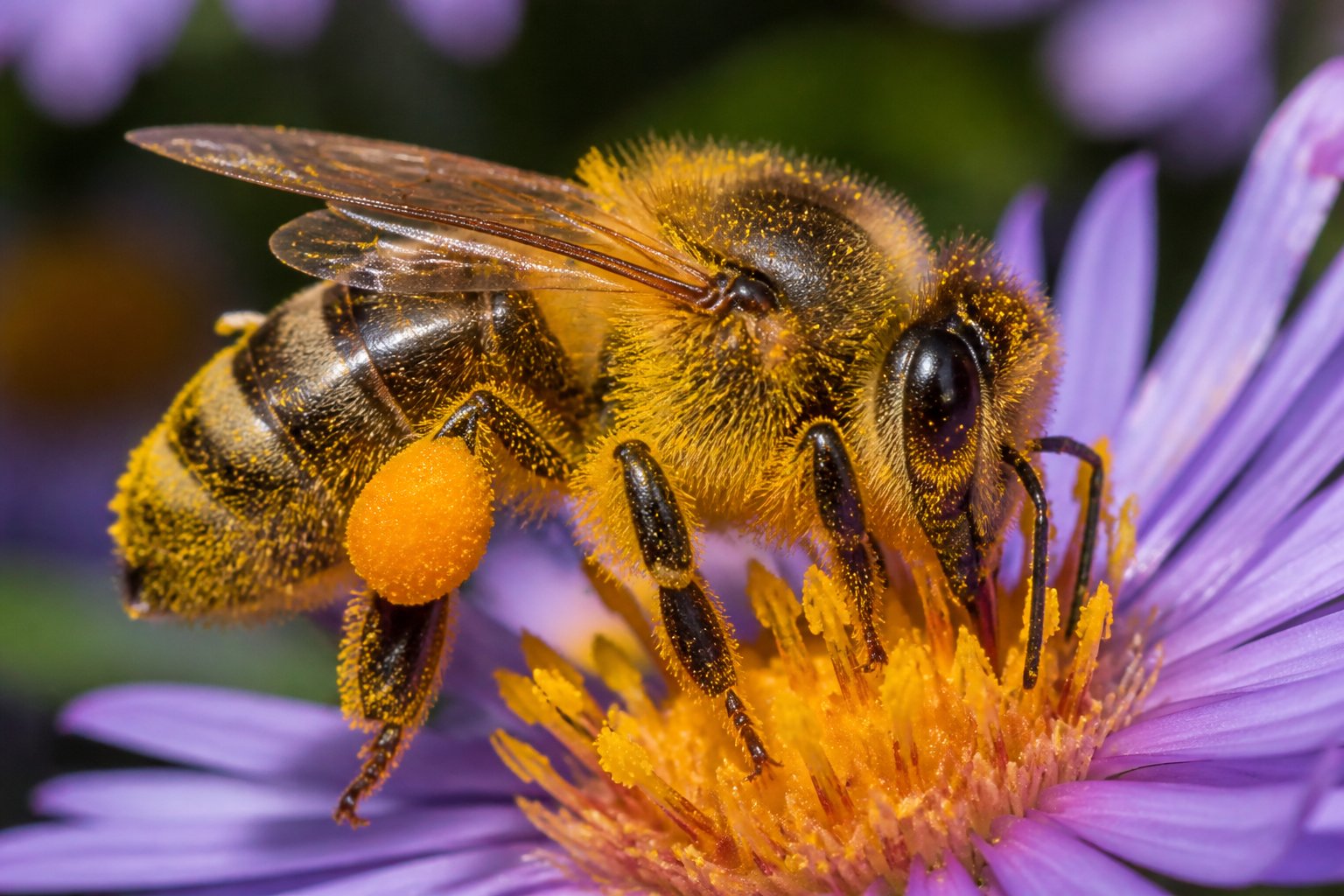 Close-up of a bee covered in pollen hairs collecting pollen from a flower.