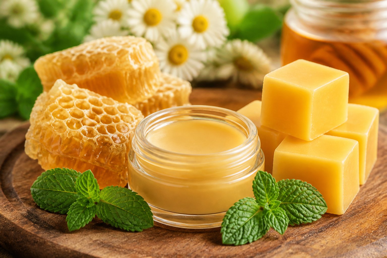An open jar of beeswax lip balm on a wooden surface surrounded by beeswax blocks, honeycomb pieces, and mint leaves.