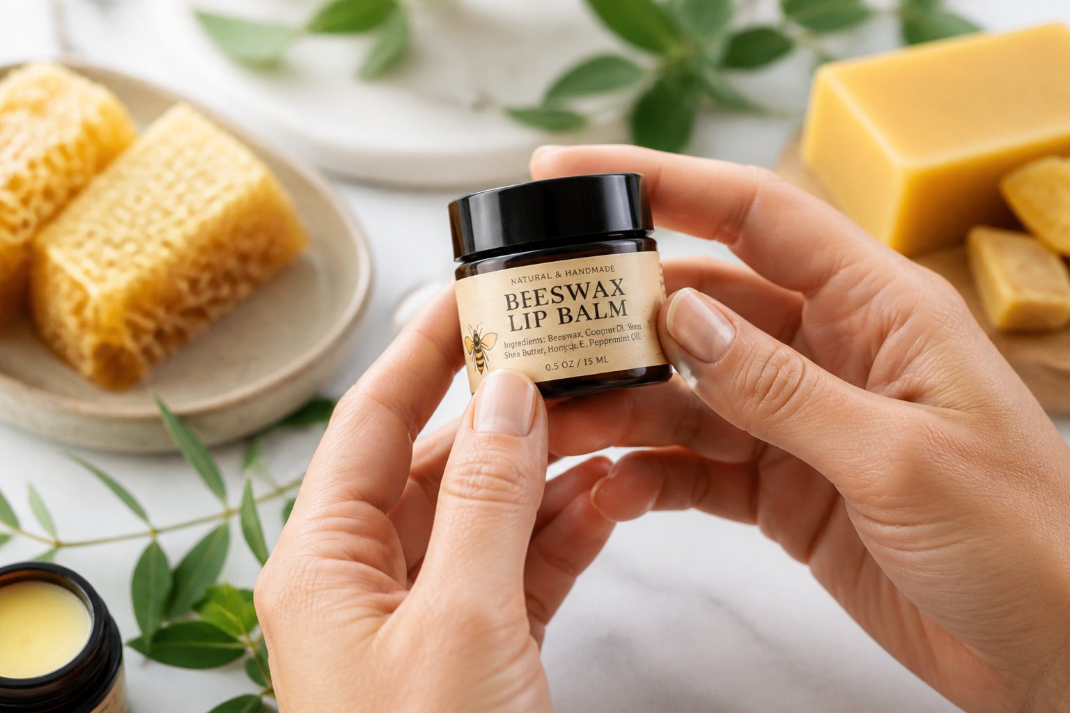 Hands holding a small jar of beeswax lip balm, closely reading the label with natural ingredients like honeycomb and leaves nearby.