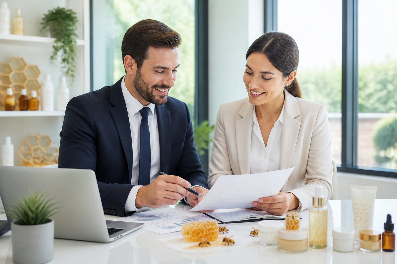 Two business professionals discussing documents in a bright office with natural elements like honeycomb patterns and bees on the desk.