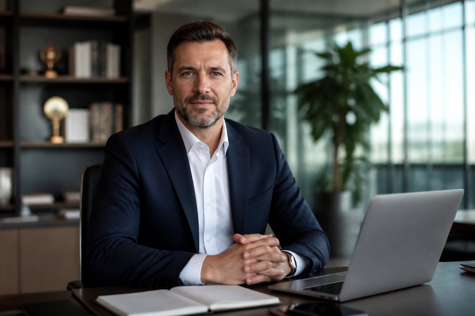 A confident business leader in a modern office setting with a laptop and documents on the desk.