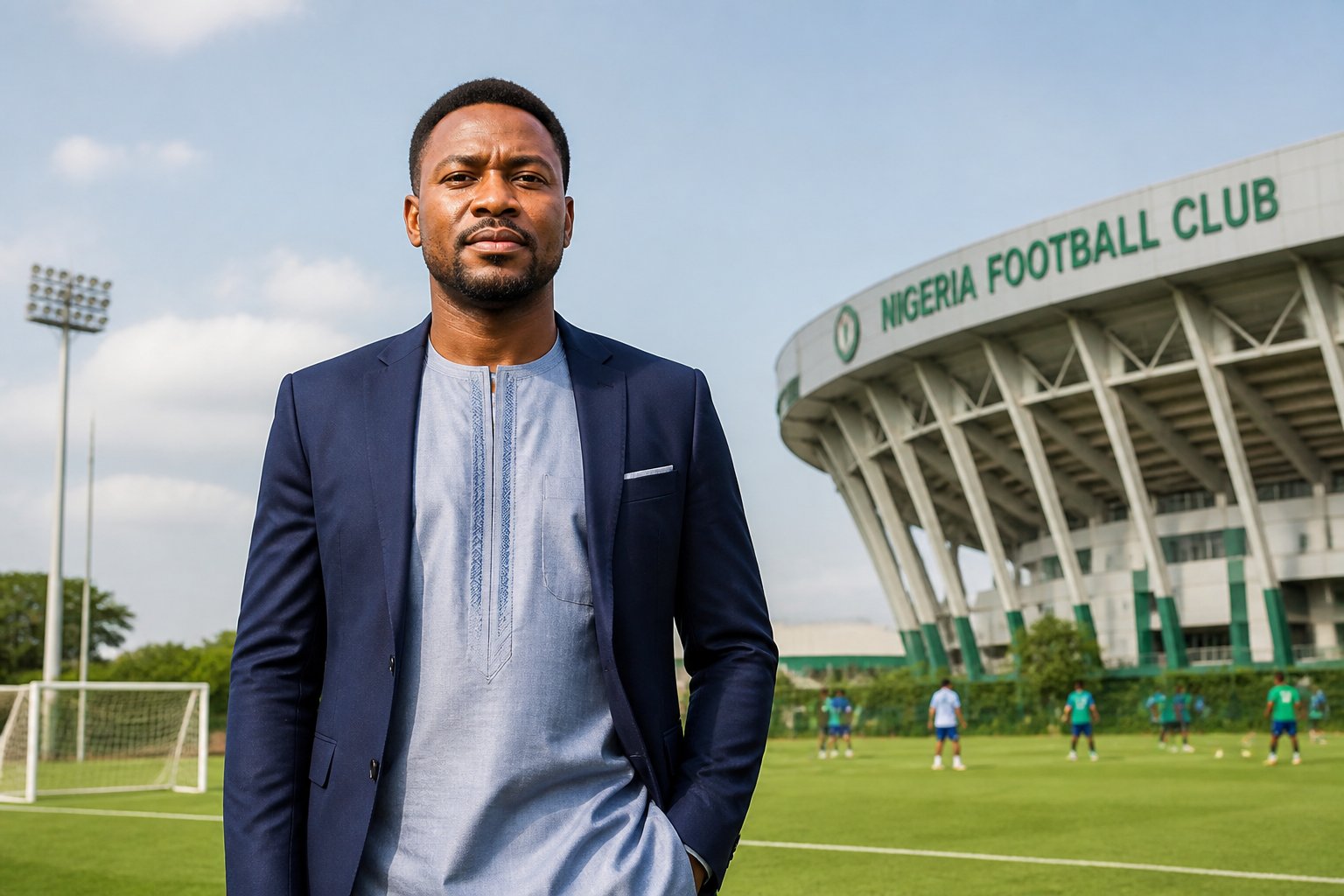 A Nigerian businessman standing confidently outside a football stadium with players practicing in the background.