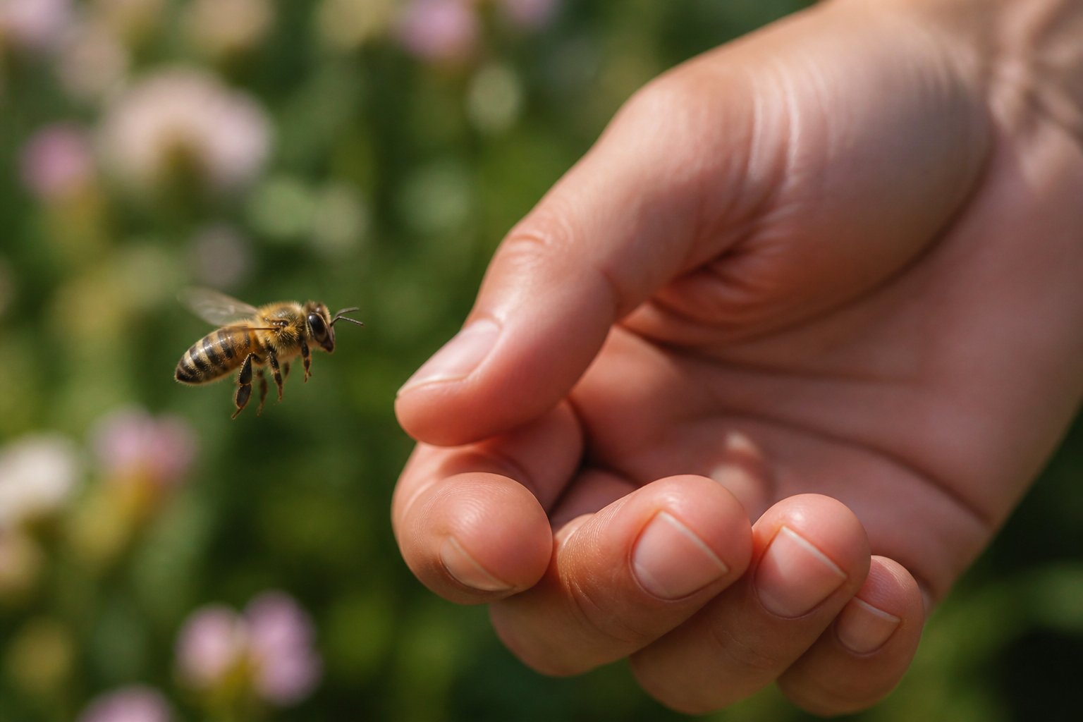 A honeybee flying close to a person's relaxed hand outdoors with green plants and flowers in the background.