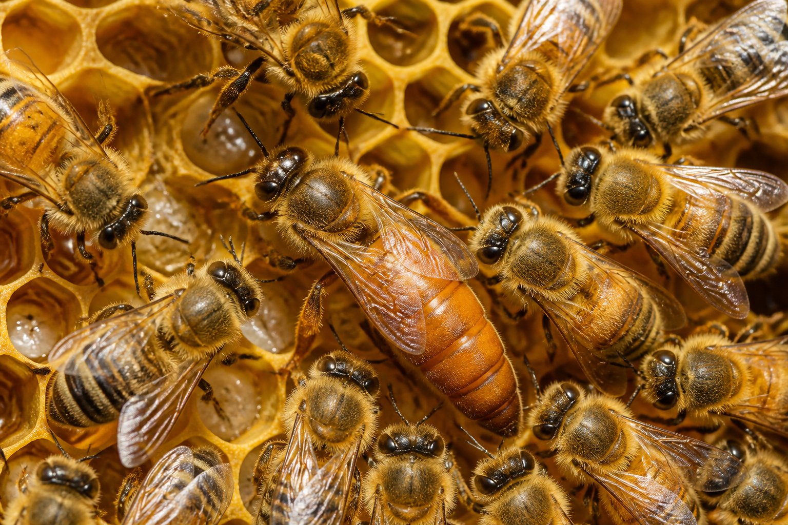 A queen bee surrounded by worker bees on honeycomb cells inside a beehive.