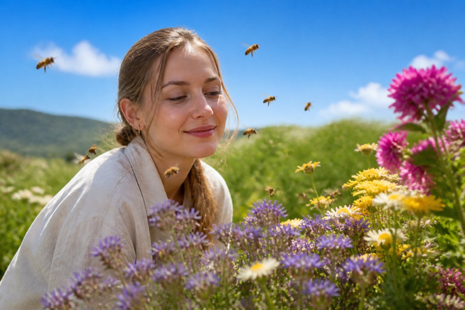 A person outdoors surrounded by flowering plants with several bees flying nearby.