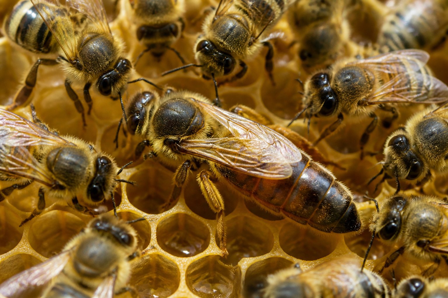 Close-up of a queen bee surrounded by worker bees inside a honeycomb hive.