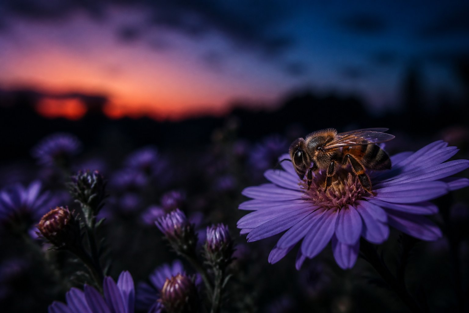 Close-up of a bee resting on a flower during early evening with dim natural light and blurred background.