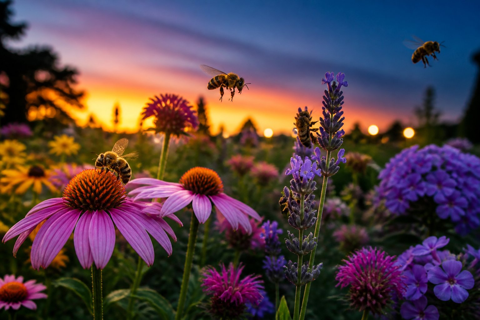 Bees flying and collecting nectar from colorful flowers in a garden at twilight with fading sunlight.