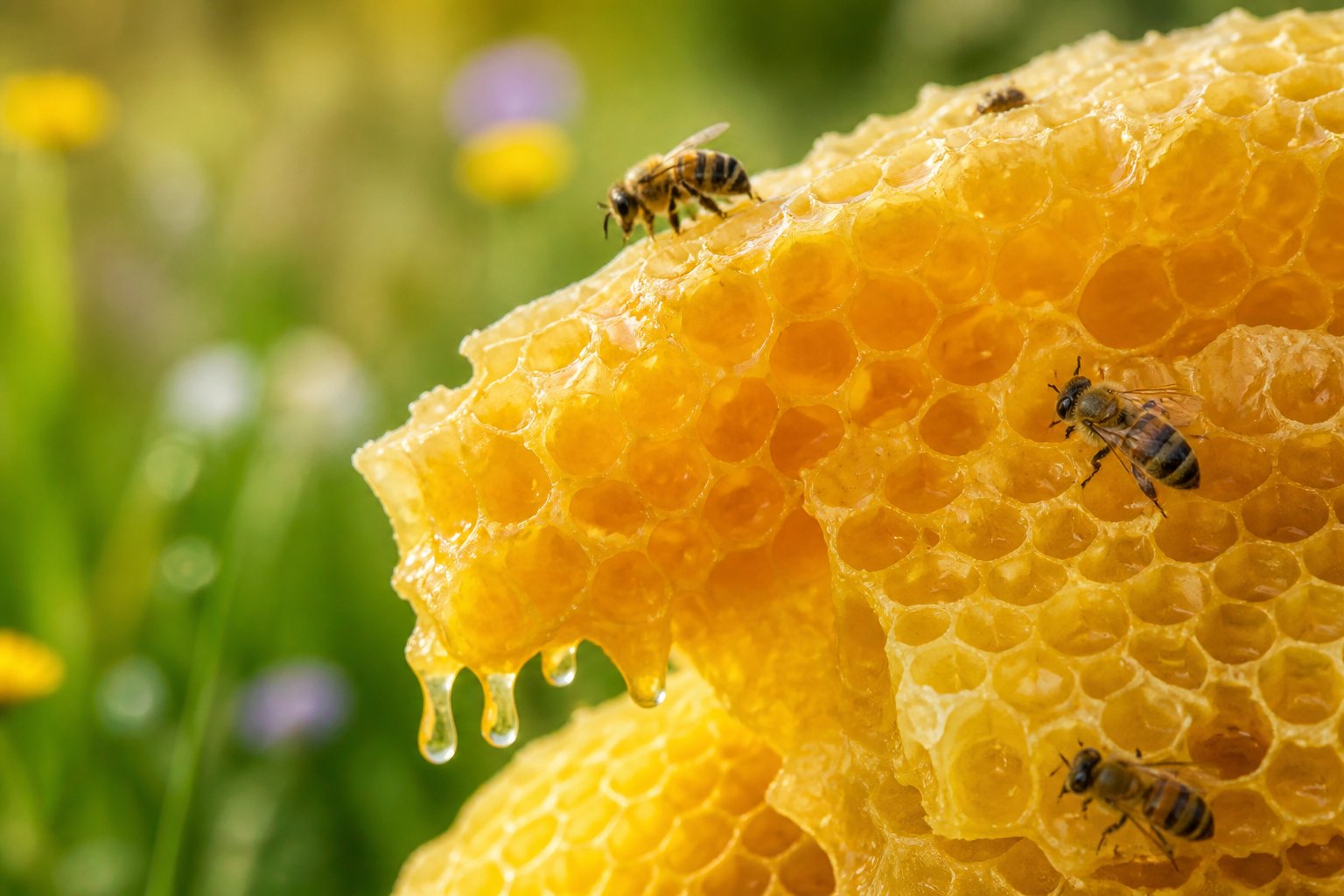 Close-up of yellow beeswax honeycomb with bees on it in a natural outdoor setting.