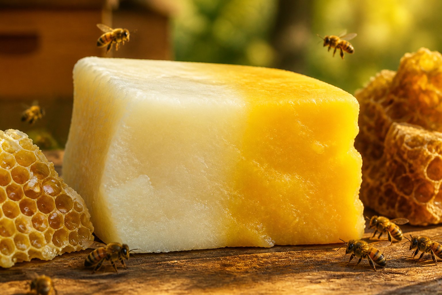Close-up of fresh beeswax transitioning from pale to yellow next to honeycomb pieces and bees.
