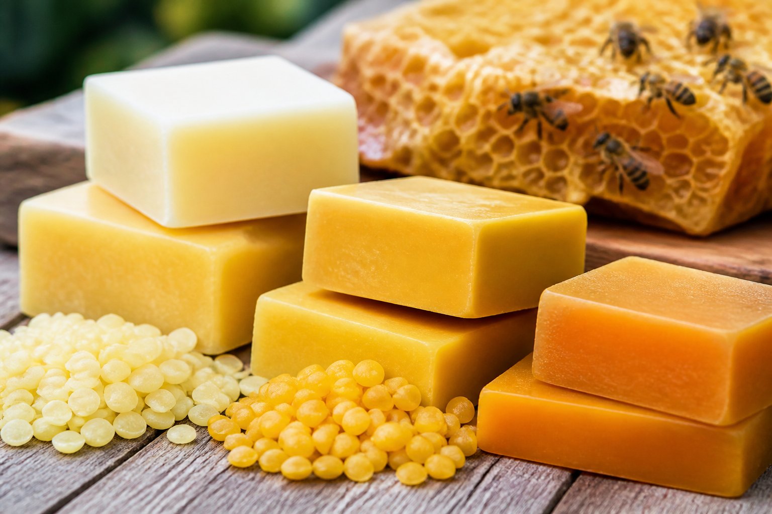 Close-up of various beeswax blocks and pellets in different shades of yellow on a wooden surface with honeycombs and bees in the background.