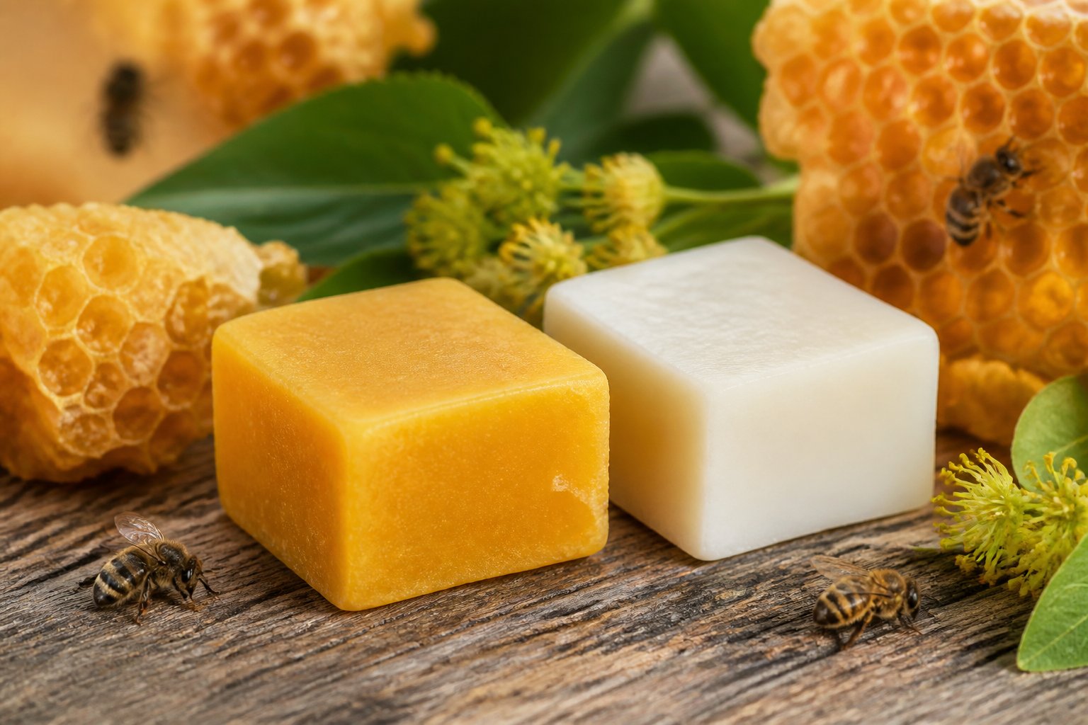Close-up of yellow and white beeswax blocks on a wooden surface with honeycomb pieces and green leaves around them.