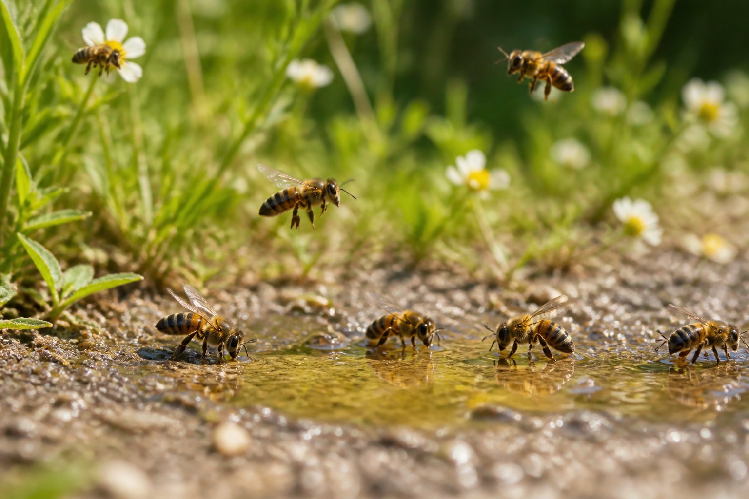 Honeybees gathered around a small puddle on the ground near grass and wildflowers.