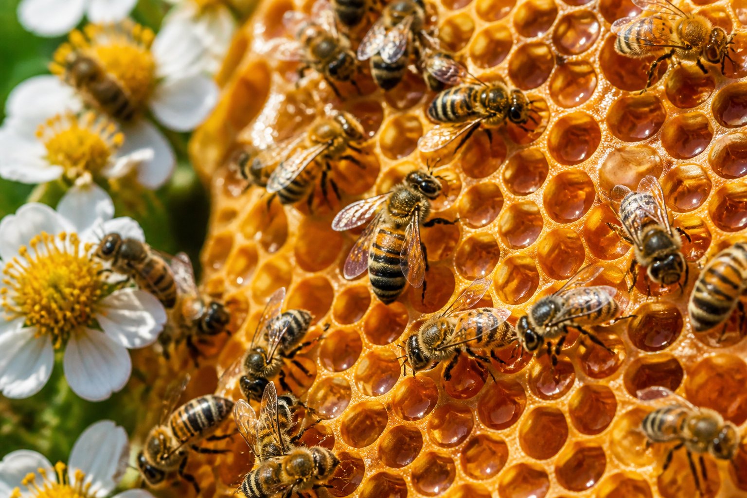 Close-up of honey bees working on a honeycomb filled with honey inside a beehive.