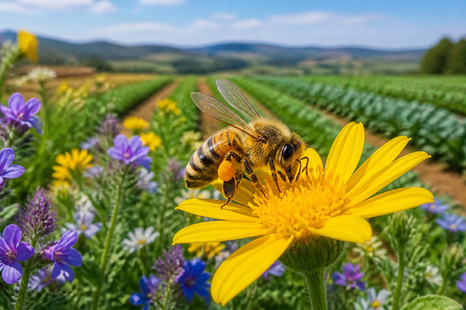 A honeybee collecting pollen from a yellow flower in a green field with crops and flowers in the background.