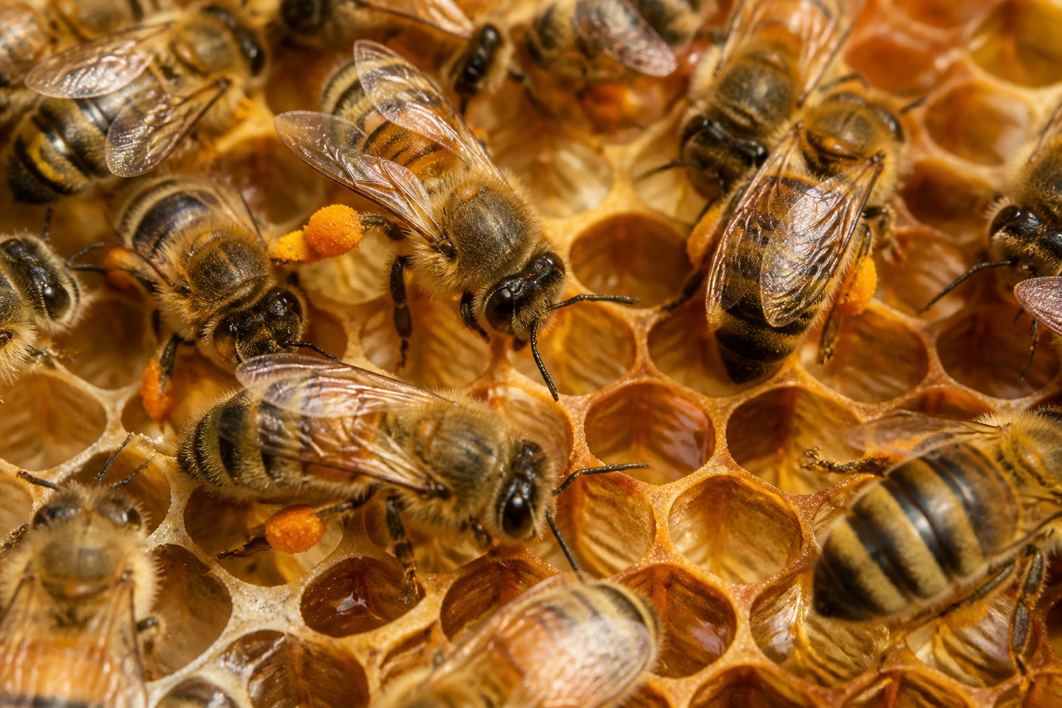 Close-up view of bees working on a honeycomb inside a beehive.