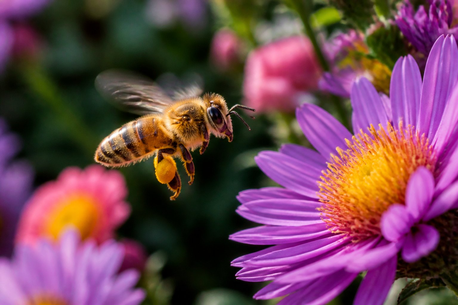 A honeybee flying near a blooming flower with green foliage in the background.
