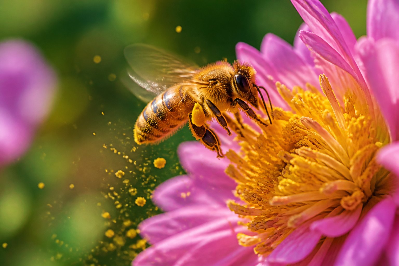 A bee buzzing on a flower releasing pollen in a natural outdoor setting.