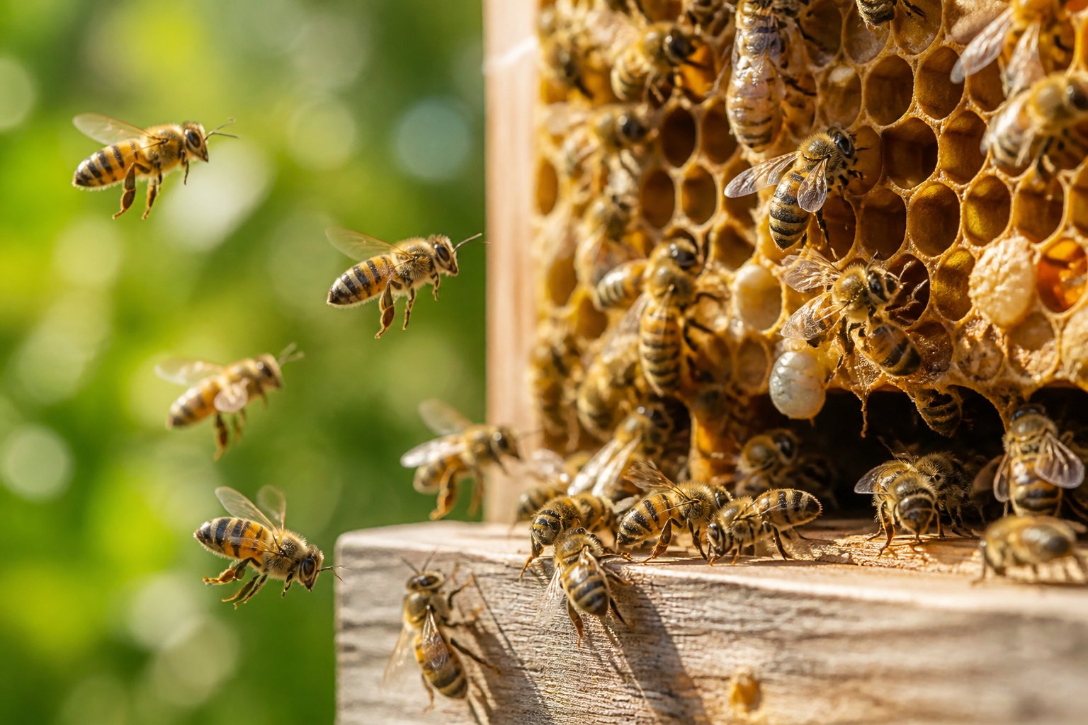 Close-up of bees actively flying around and inside a honeycomb hive surrounded by green foliage.