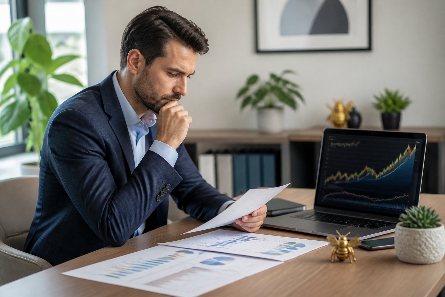 A business professional reviewing financial documents and stock market data on a laptop in a modern office with a bee figurine on the desk.