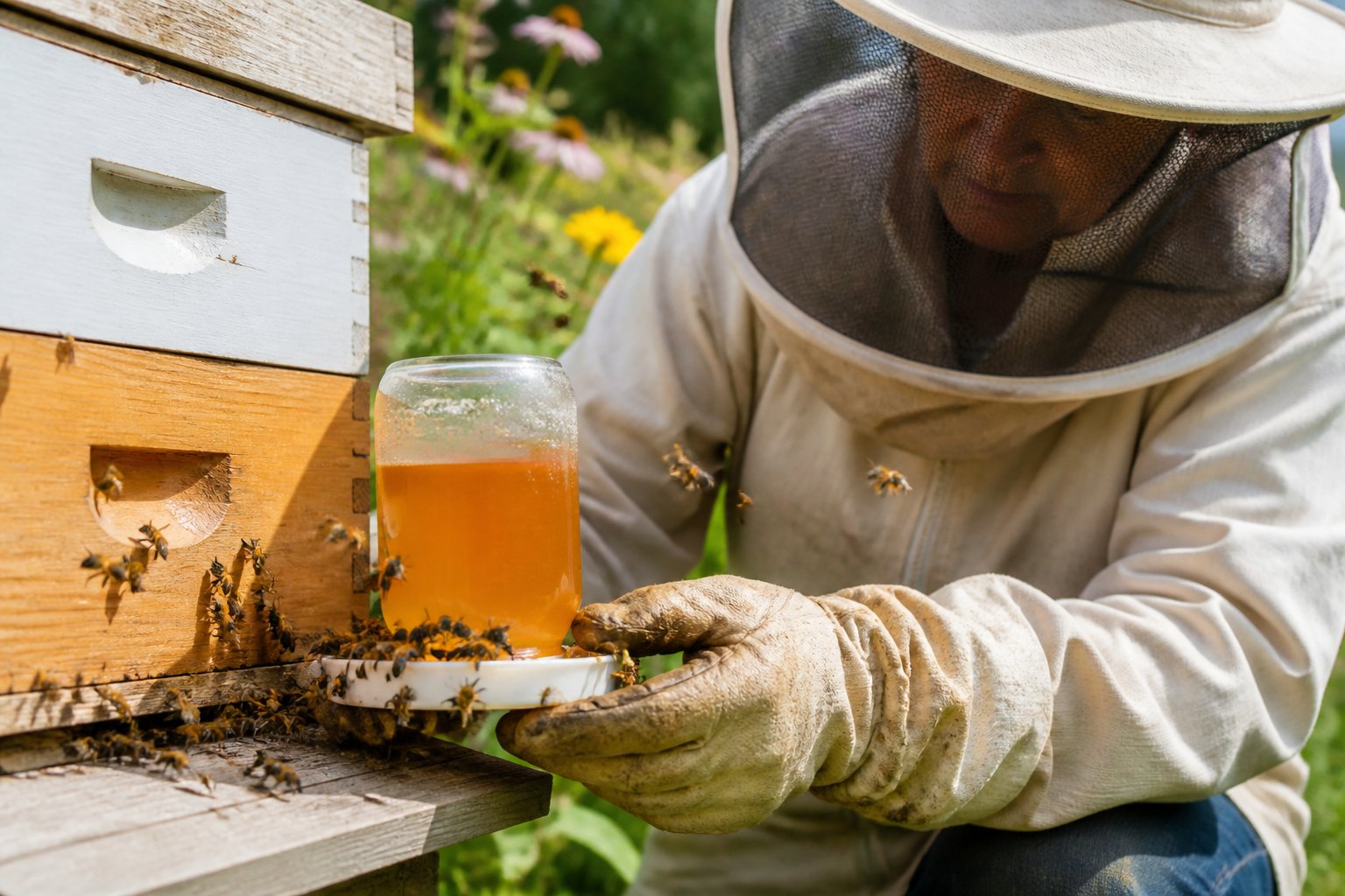 A beekeeper feeding sugar syrup to honeybees at the entrance of a beehive surrounded by flowers.