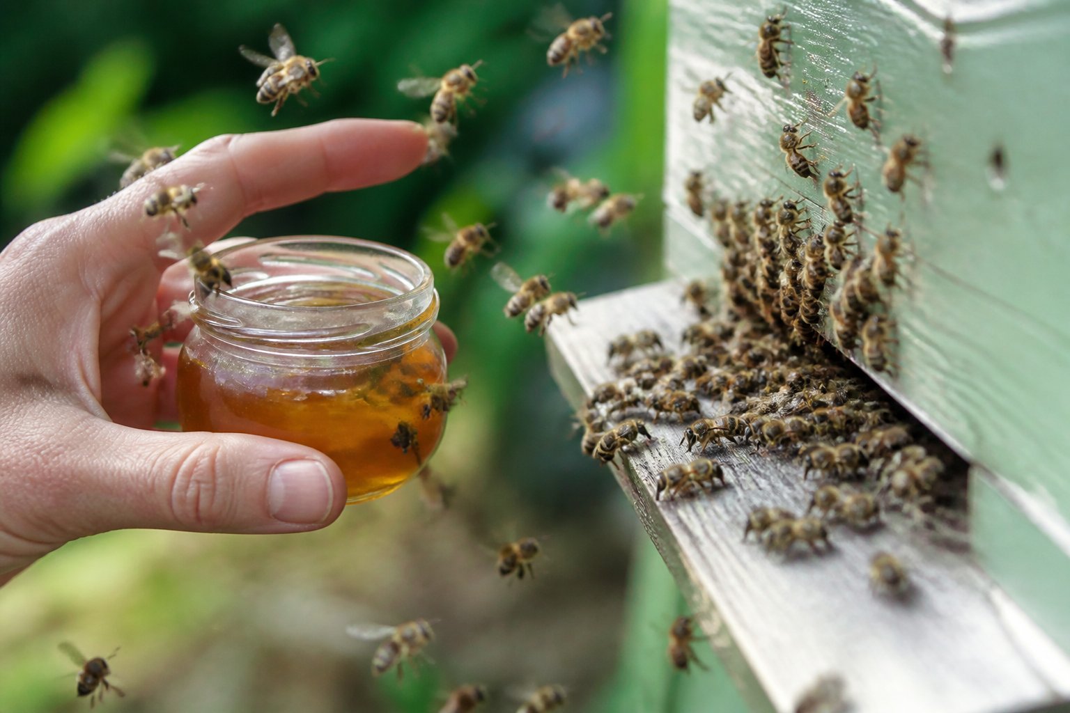 A person’s hand holding a jar of honey near a beehive with bees flying around the entrance outdoors.