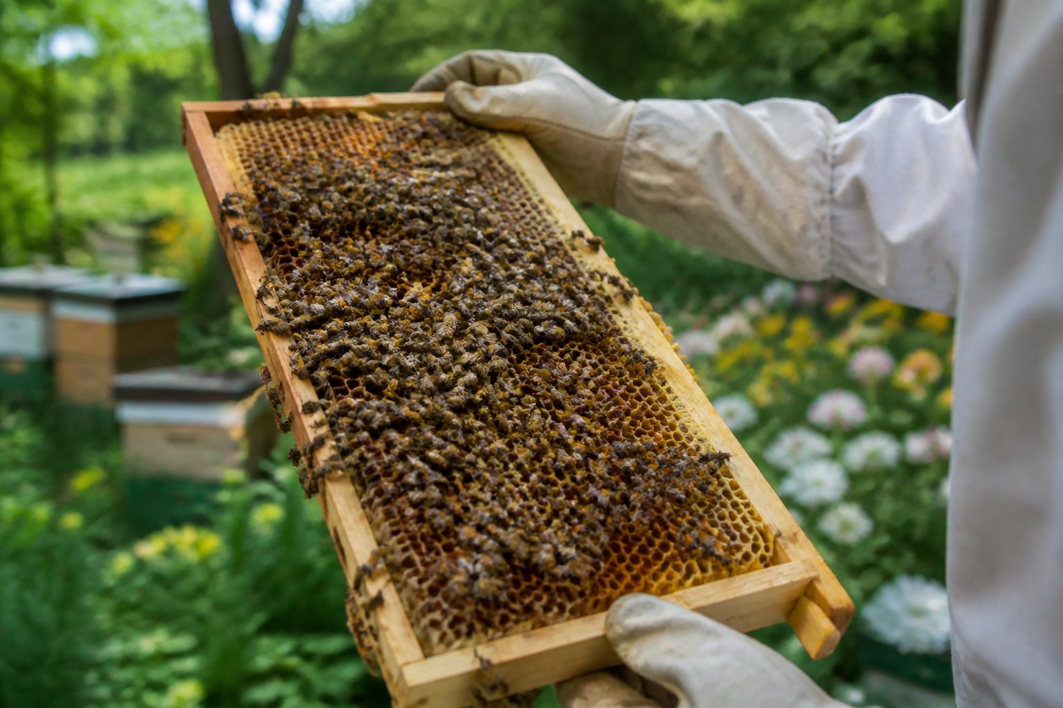 A beekeeper holding a honeycomb frame covered with bees in a natural outdoor setting.