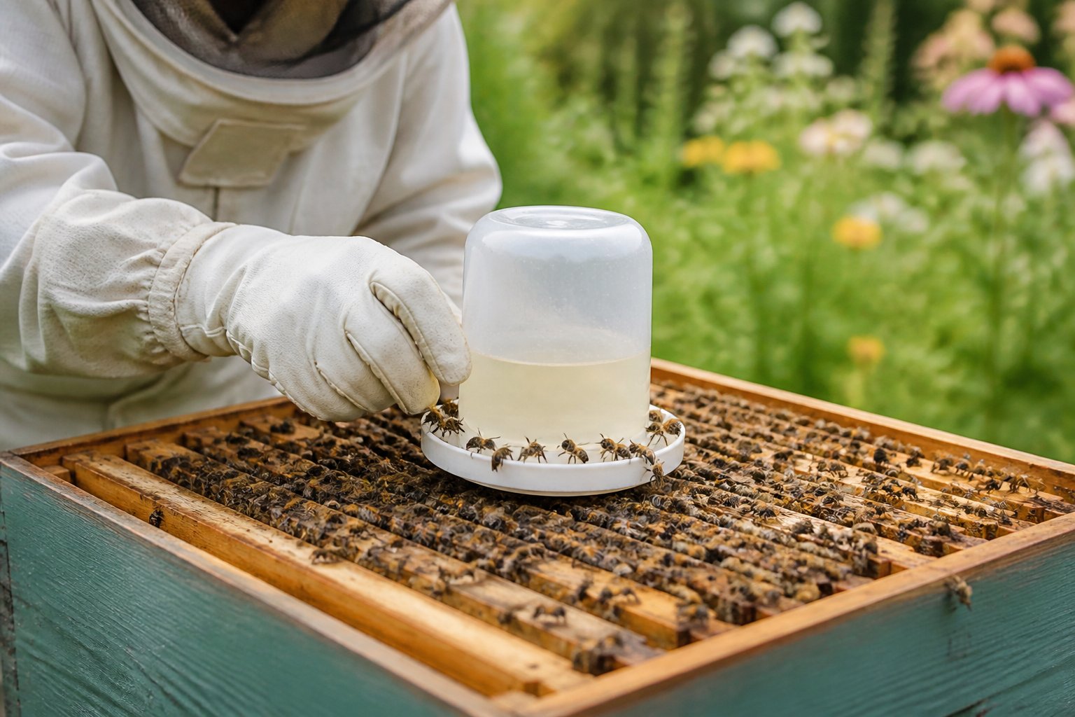 A beekeeper feeding bees inside a wooden hive with a sugar syrup feeder outdoors surrounded by flowers.